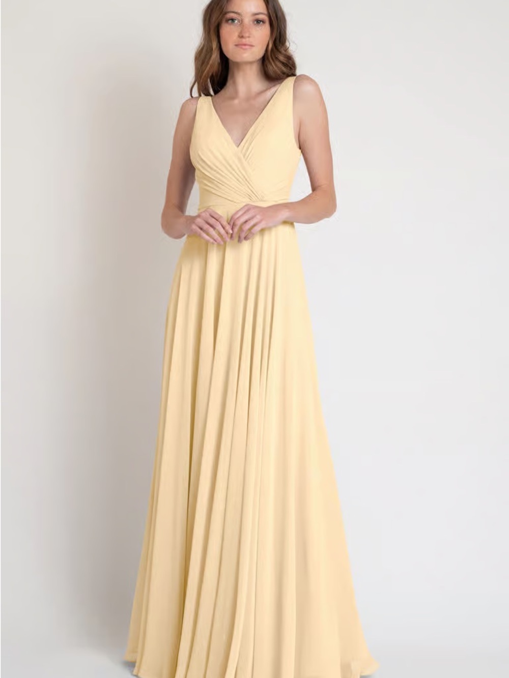 Jenny Yoo Soft Yellow V-Neck Chiffon Maxi Dress - New with Tags / Unaltered